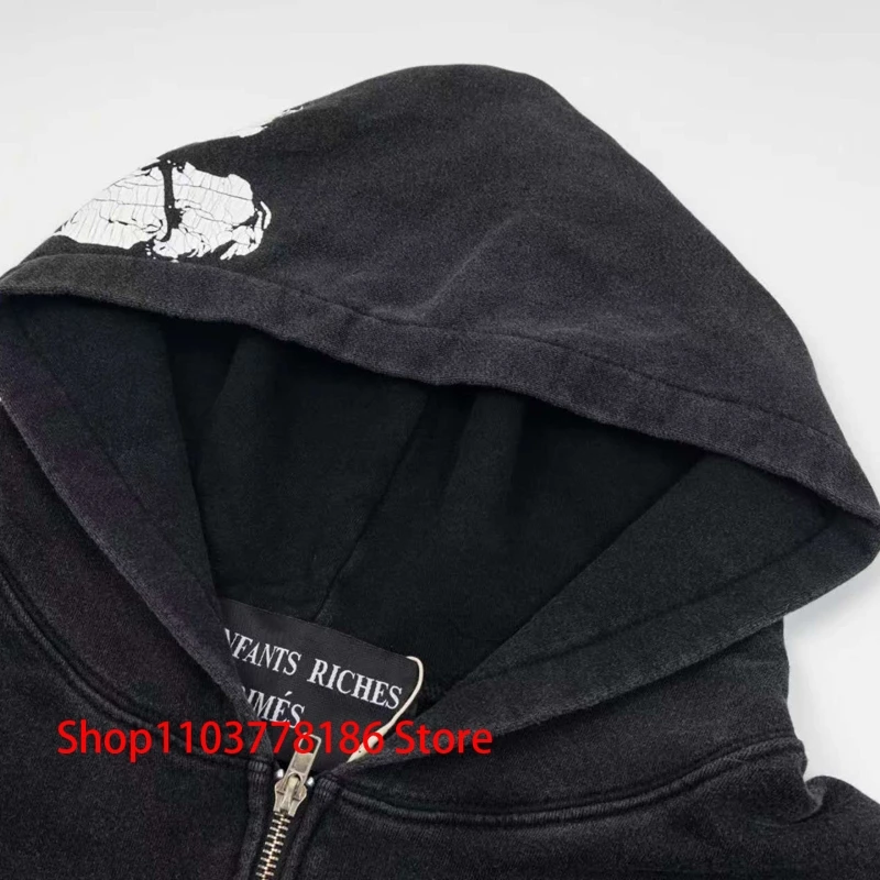 New ERD Hoodie High Street Wash Do Old Crack Print Zipper Coat Men Women Loose Enfants Riches Deprimes Hooded Sweatshirt