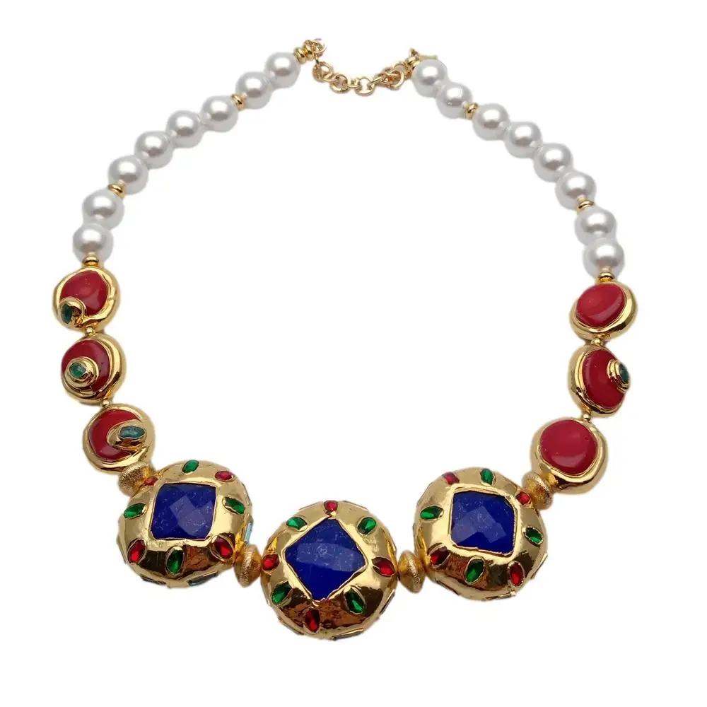 

Y·YING White Sea Shell Pearl Red Coral Blue Jasper Gold Plated Statement Necklace Women Jewelry Necklaces