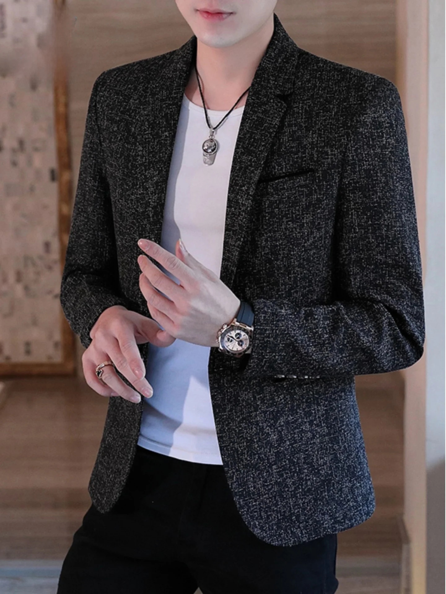 

Pierre Cardin Spring Autumn Casual Men's Suit Jaet Busin Slim Fit Outerwear Polyester Blend Long Sve round Hem