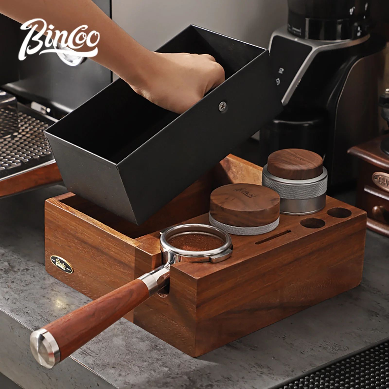 

Multifunctional Espresso Knock Box and Tamping Station 51/58MM Espresso Coffee Anti-pressure Pad Stand Walnut Wooden Coffee Tool
