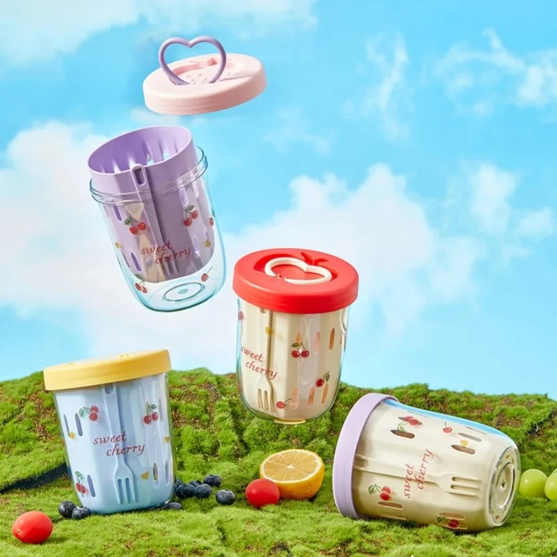 Double-walled Salad Cup with Fork Handle, Drainable Fruit Cup, Reusable Leak-proof Oatmeal Container, Cute Student Breakfast Cup