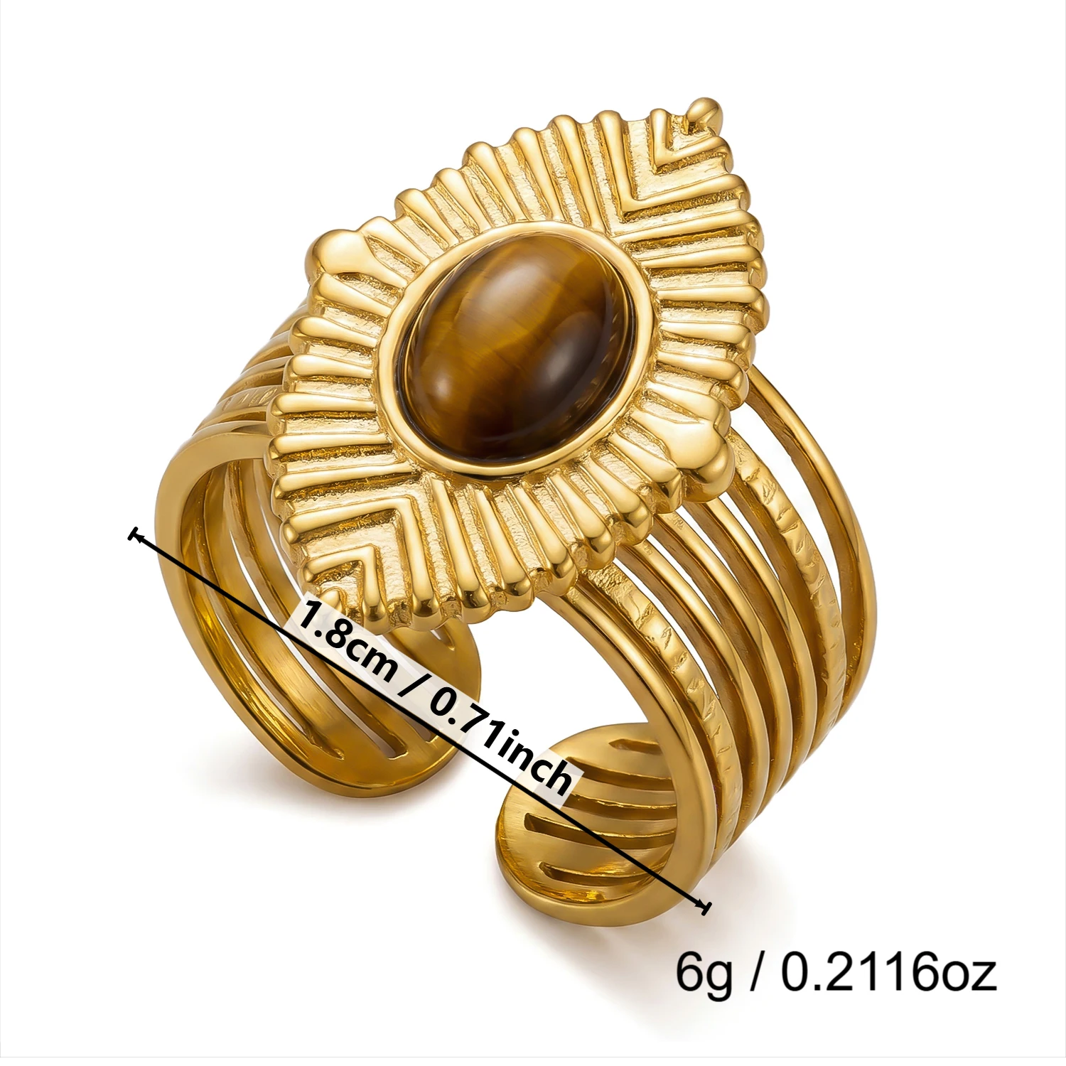 Geometrische Punk-Ringe aus breitem, vergoldetem Metall für Damen und Herren, Vintage-Tigerauge-Ringe aus Edelstahl, trendiger, wasserdichter Schmuck, Geschenk – Detail 8