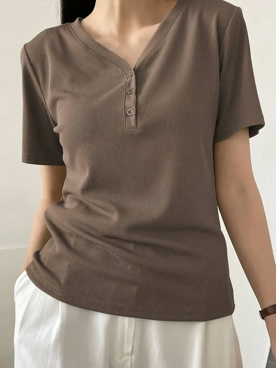 Womens Ribbed Henley T-Shirt Short Sleeve V Neck Casual Summer Top