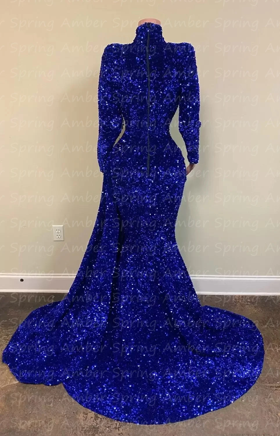 Royal Blue Evening Dresses Luxury Sequined High Neck Mermaid Prom Gowns Real Image Women Formal Party Robe Customized