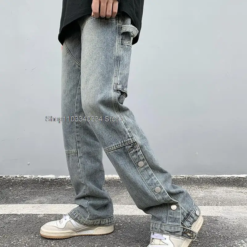 New Jeans for Men Slimming Pants Washed   Straight Zipper Split Denim Mop Pants   jeans y2k aesthetic