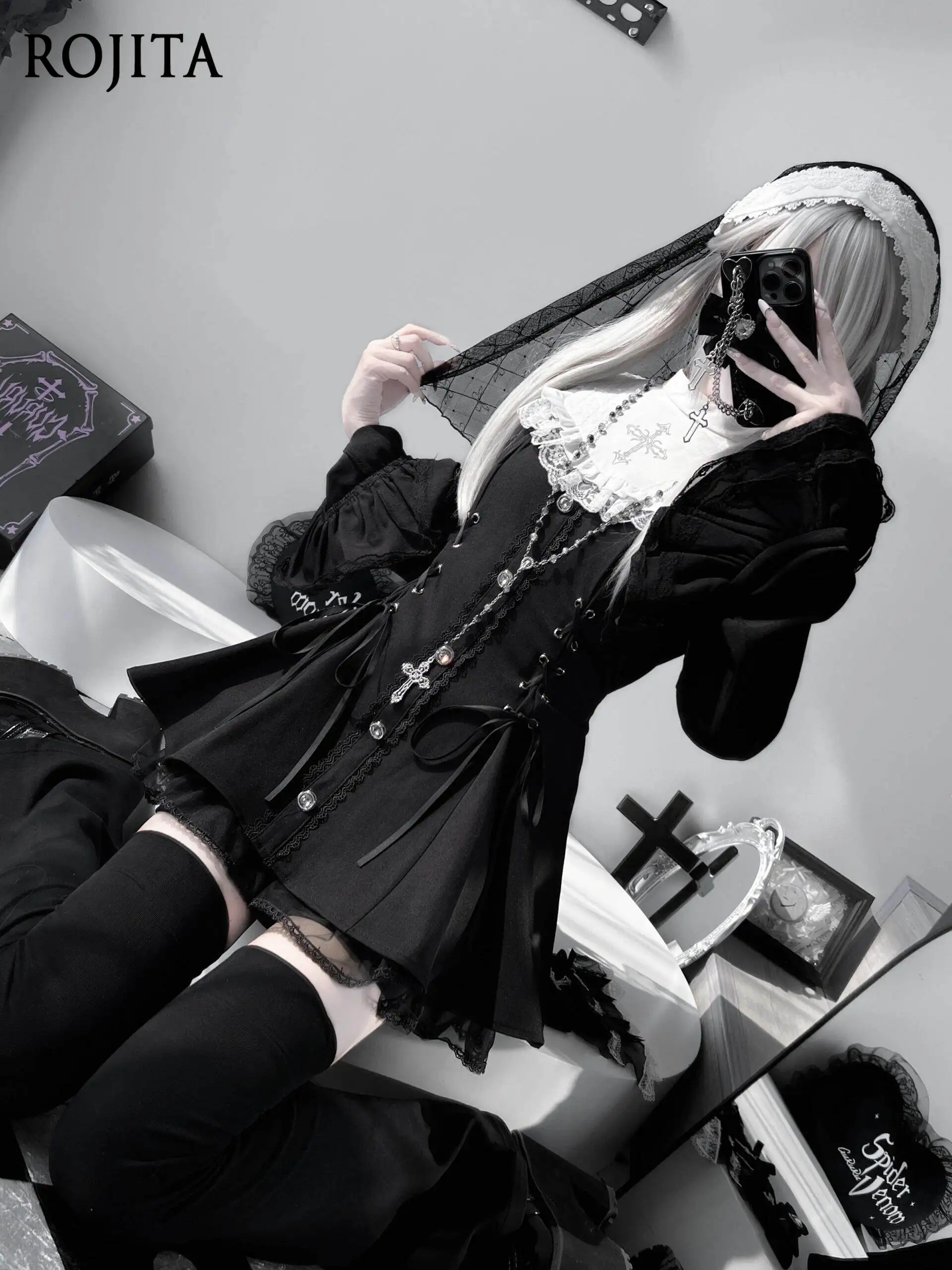 

Gothic Lace Hot Girl Black Dress Gothic Lolita 2-Piece Set with Cross Bow Long Sleeve Black White Lace Trim Blouse + Shorts