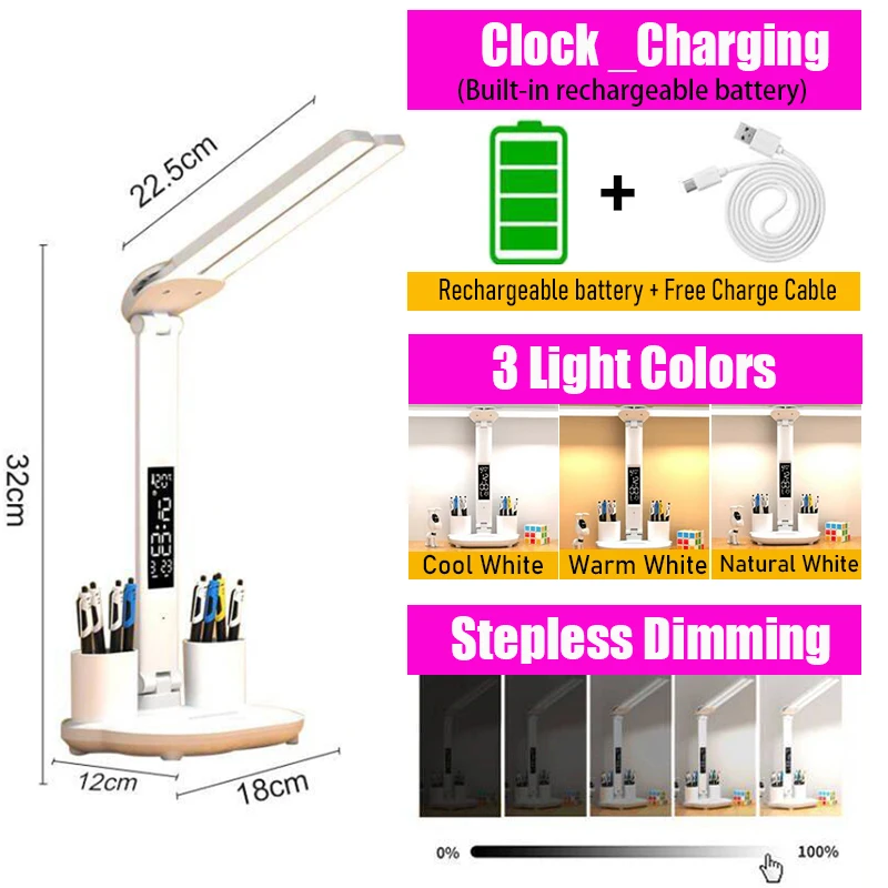 LED Clock Table Lamp USB Chargeable Dimmable Desk Lamp 2 Heads 180 Rotate Foldable Eye Protection Reading Night Light