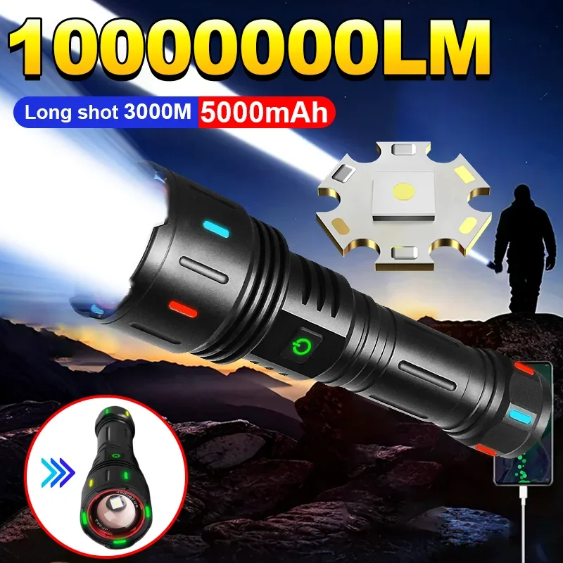 

New 5000mAh Ultra Powerful LED Flashlight 10000000LM Rechargeable Torch Light Zoom High Power Flashlight 3000M Long Shot Lantern