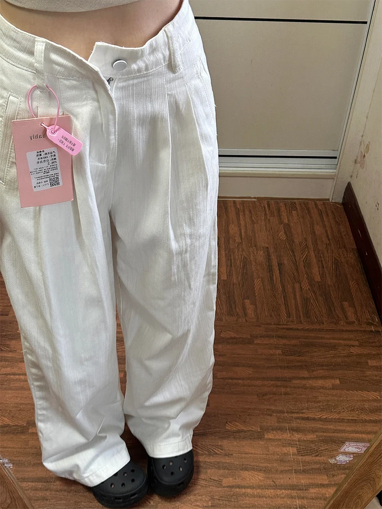 Pantalones vaqueros blancos drapeados de cintura alta con pierna recta y cuchillo sueltos para mujer Otoño Invierno nuevos pantalones de pierna ancha hasta el suelo Sle