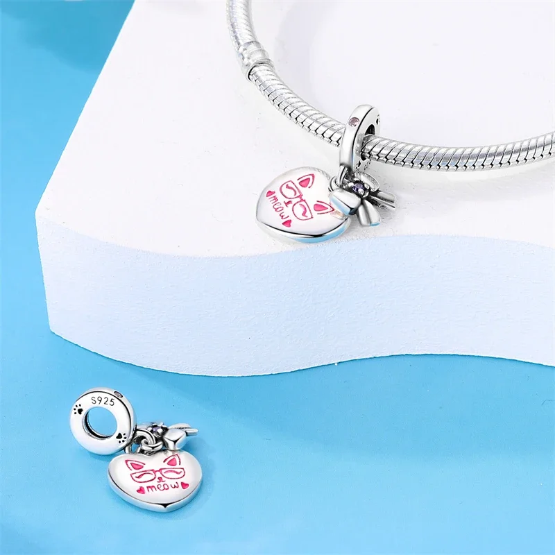 Charms Original 925er Silber vergoldet Herz Haustier Charm Anhänger Perlen für Armband DIY feines Geschenk Frauen zarte Schmuck Zubehör