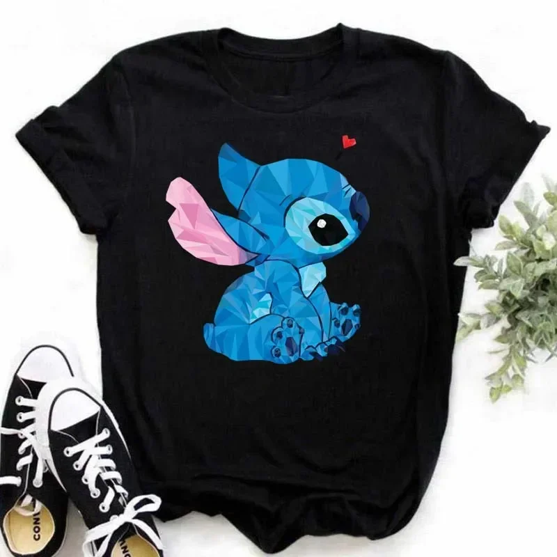 Kawaii Ohana Stitch T Shirt Women Summer Tops Cartoon Heart Graphic Tees Cute Anime T-shirt Female Black Tshirt  Clothes