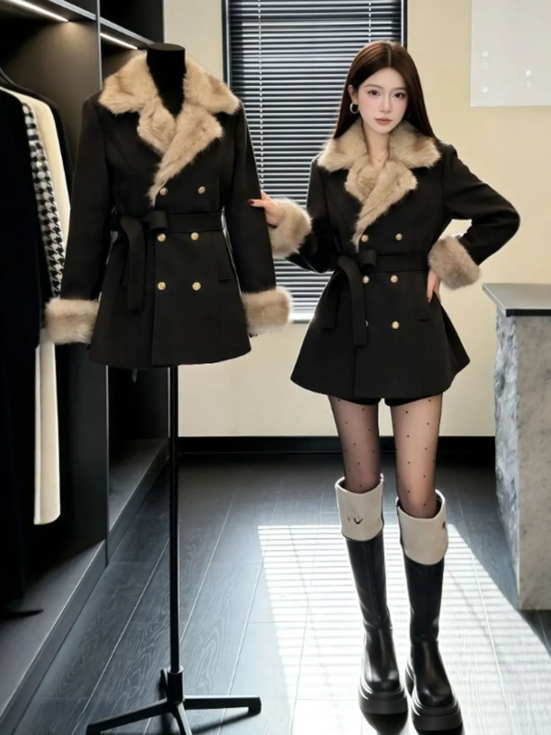 

Hebe Sle Ultra-Attractive Belted Waistcoat Coat Small Size High-End Bla Coat Winter Faion Women's Woolen Jaet