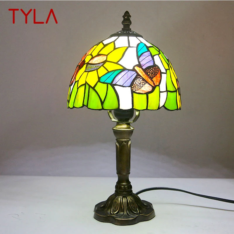 TYLA Tiffany Glass Table Lamp LED Creative Color Butterfly Pattern Desk Light Decor For Home Living Room Bedroom