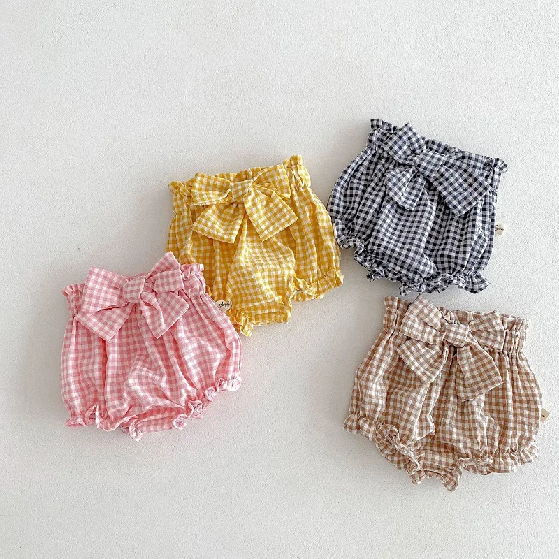 

Summer Baby Girl Shorts 0-3Years Newborn Kids Elastic Waist Bow Plaid Bloomers PP Bottom Casual Outfits Clothes