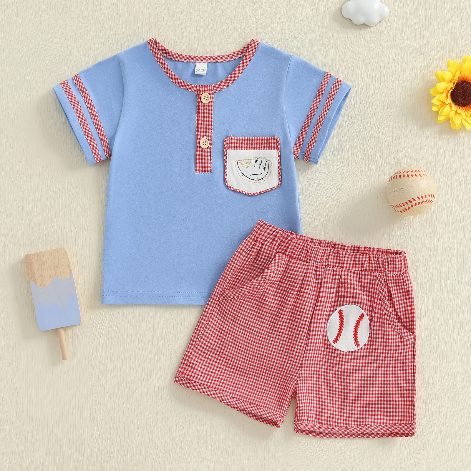 

Adorable Infant Boy Casual Wear Set with Cute Baseball Design Plaid Shirt and Matching Shorts for Summer Fun Outings