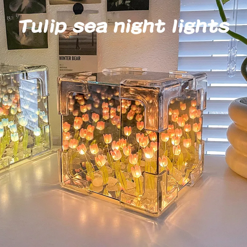 Espejo de tulipán romántico, luz LED de noche, rosa, azul, púrpura, luz de ambiente, acrílico, forma cuadrada, decoración de fiesta de dormitorio en