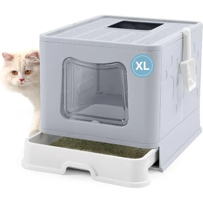 Foldable Cat Litter Box with Lid, Extra Large Scoop, Drawer Type Pan Easy to Scoop & Low Tracking