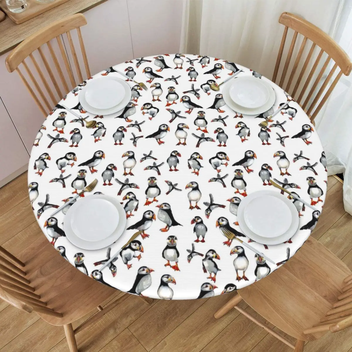 Puffins Pattern Waterproof Round Tablecloth Oilproof Table Cloth for Kitchen Events Dining Table Cover