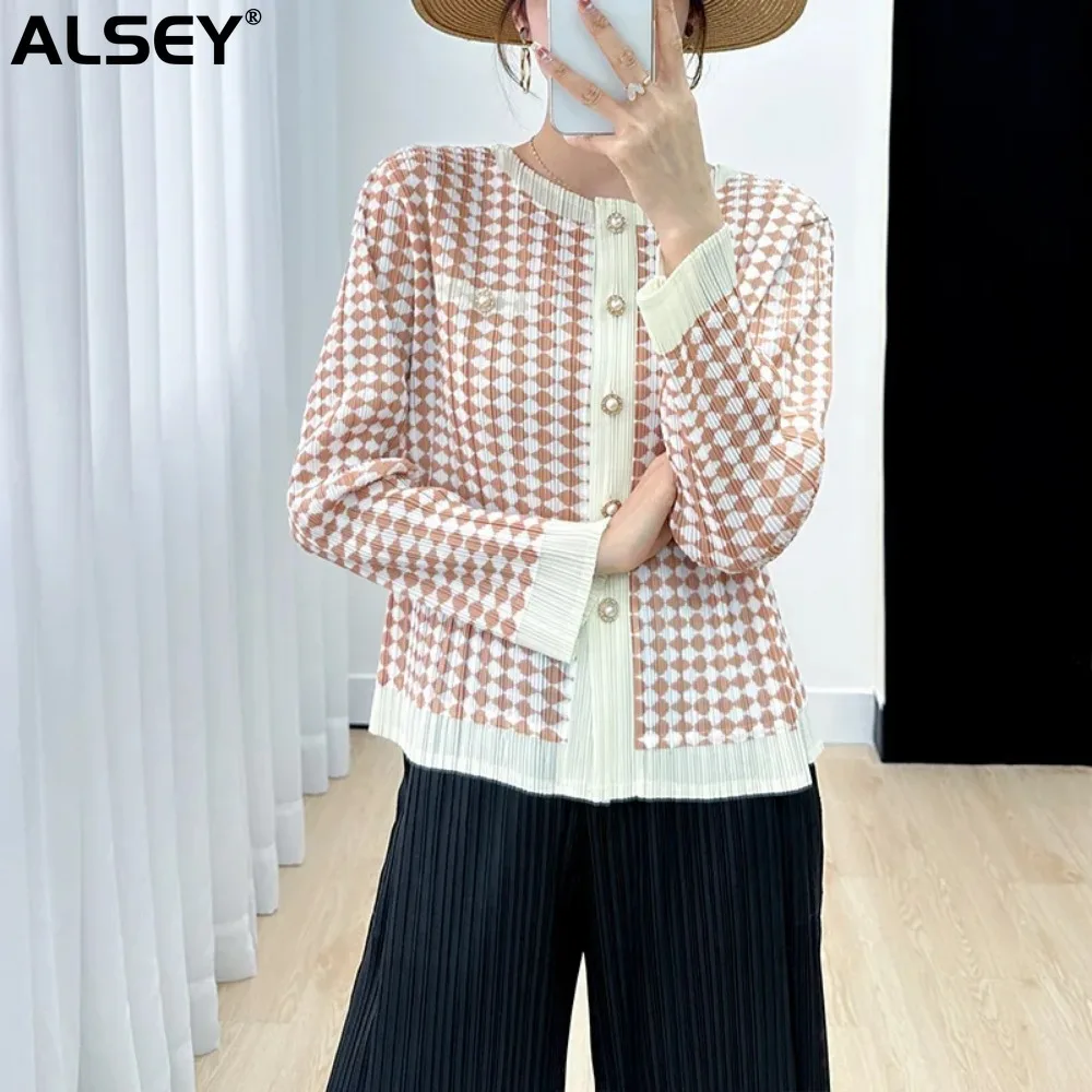 

ALSEY Miyake High-End Vintage Floral Pleated Top for Women Spring New Print Long Sleeves Cardigan Temperament Wild Slimming Coat