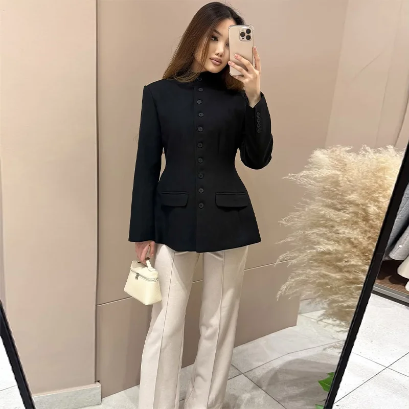 Damen-Blazer mit Stehkragen und Taillenbetonung, elegant, langärmelig, einreihig, schmal geschnitten, schicke Bürojacke – Detail 14