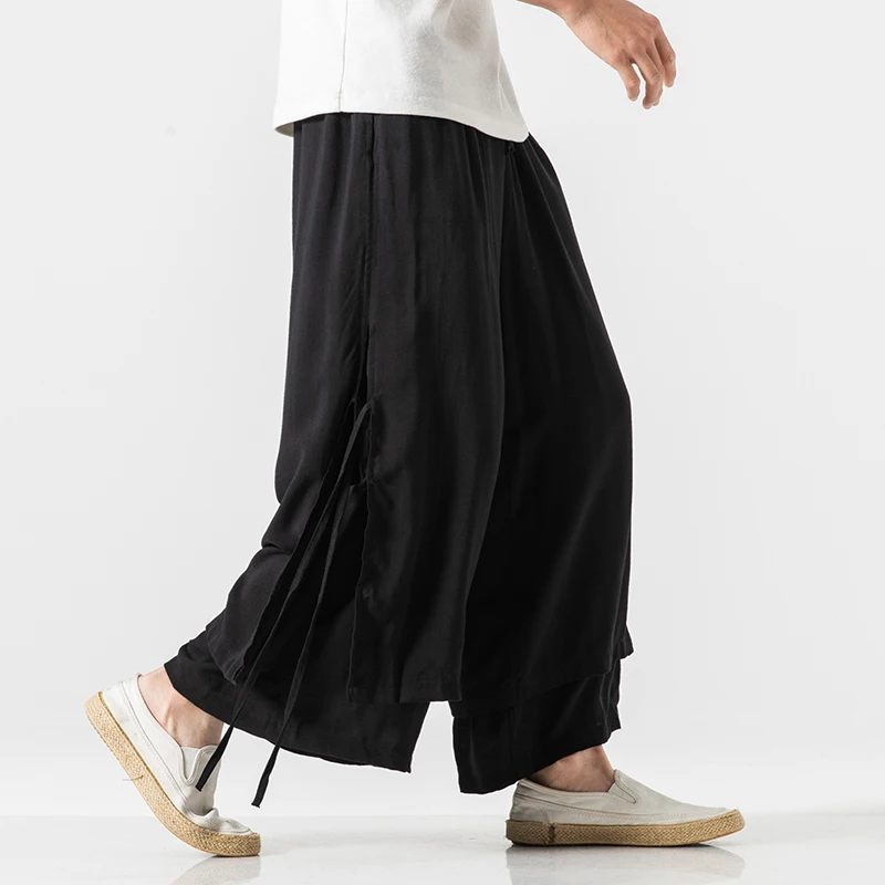 Men Wide Leg Pants Streewear Cotton Linen Loose Jogging Pants Male Harajuku Style Sweatpants Men Fashion Casual Trousers