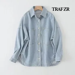 TRAF ZR Women's Denim Jackets New in Outerwear Jeans Long Sleeve Bomber Jackets Spring Harajuku Y2k Fashion Korea Denim Shirt