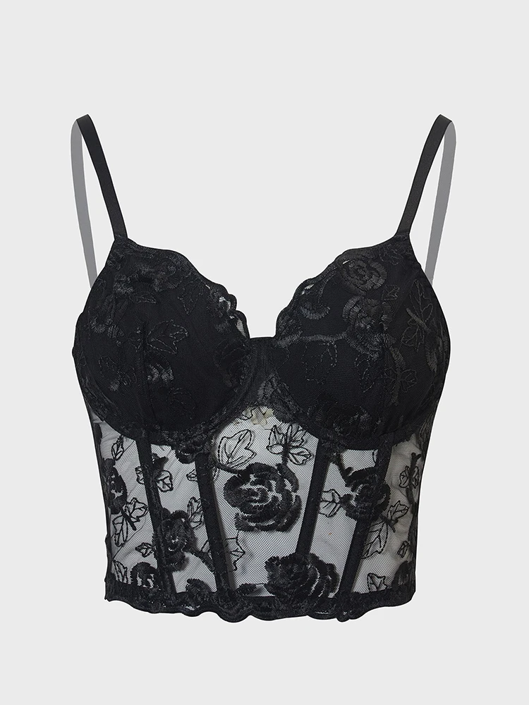 Sexy Pure Desire V-hals Effen Kleur Geborduurd Visgraat Corset Kant Bloem Veelzijdig Korte Band Vest Dames Strakke Top