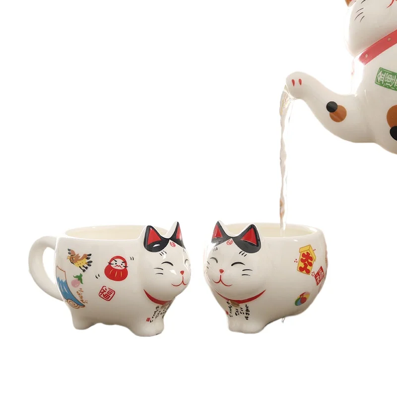Cute Japanese Lucky Cat Porcelain Tea Set Creative Maneki Neko Ceramic Tea Cup Pot with Strainer Lovely Plutus Cat Teapot Mug view 2