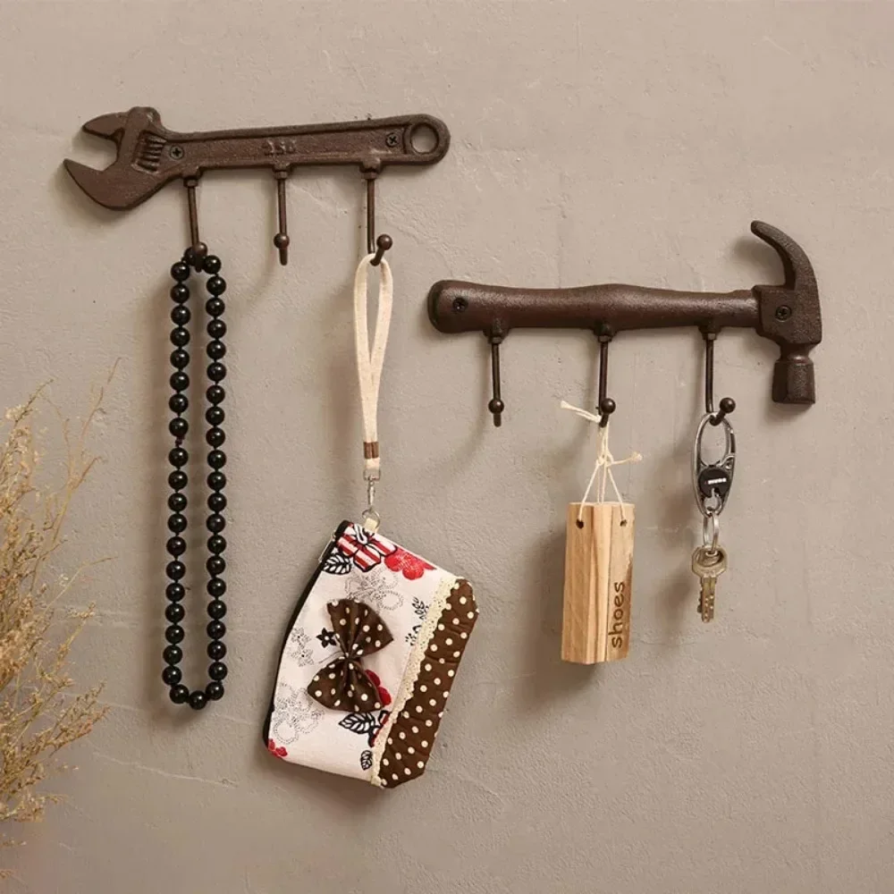 Retro Wall Mounted Coat Rack 3 Hooks Iron Hammer Wrench Keys Hat Holder Home Bar Store Hanger Practical Industrial Style Decor
