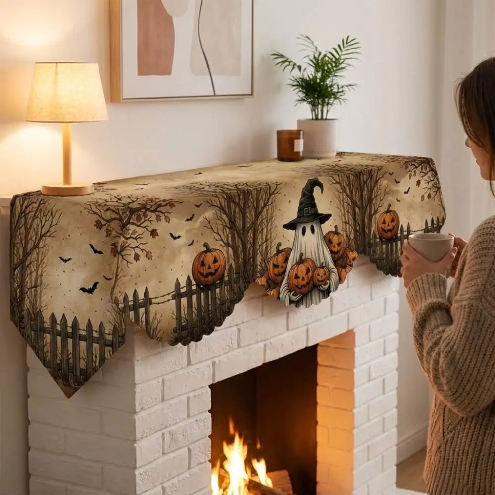 Scalloped Edge Halloween Mantel Scarf Country-Style Haunted House Spooky Fireplace Topper Cute Ghost Pumpkin Theme