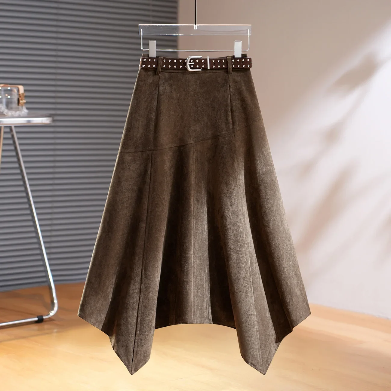 High waisted Irregular Suede Skirt Women's 2026 Spring and Autumn New Fashion Temperament With belt A-line Skirts Coffee Khaki