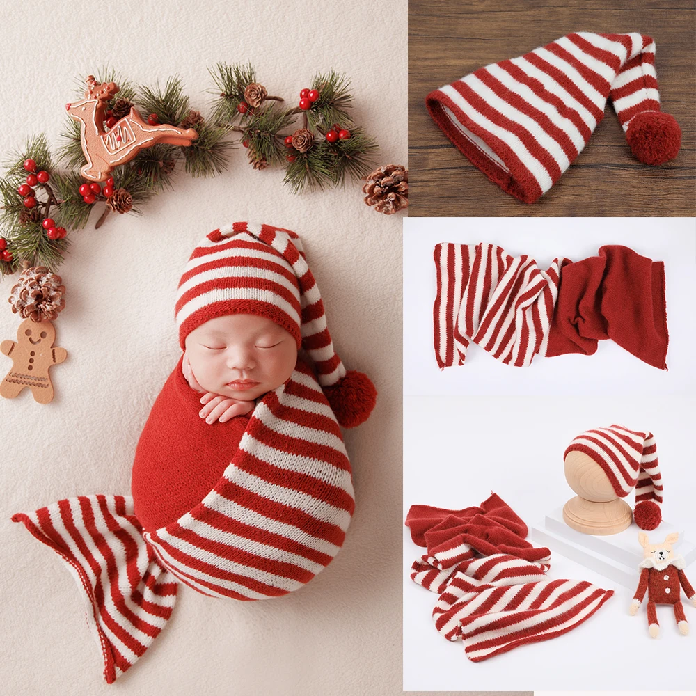

Christmas Newborn Photography Props Baby Stretch Wrap Striped Hat Bunny Doll Pine Needle Decoration Christmas Photo Accessories