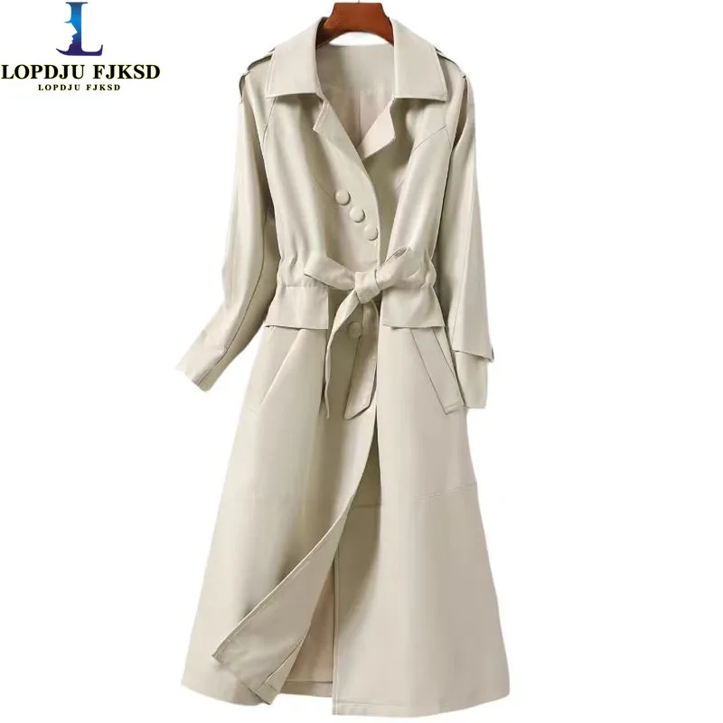 Sheepskin Coat for Women, Adjustable Waist, Real Leather Jacket, Long Overcoat, Female Clothing, High Quality, Winter, New