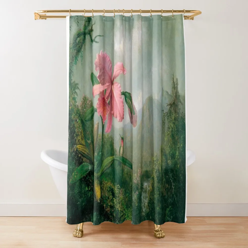 

Orchid and Hummingbird near a Mountain Waterfall-Martin Johnson Heade Shower Curtain Luxury Bathroom Curtain