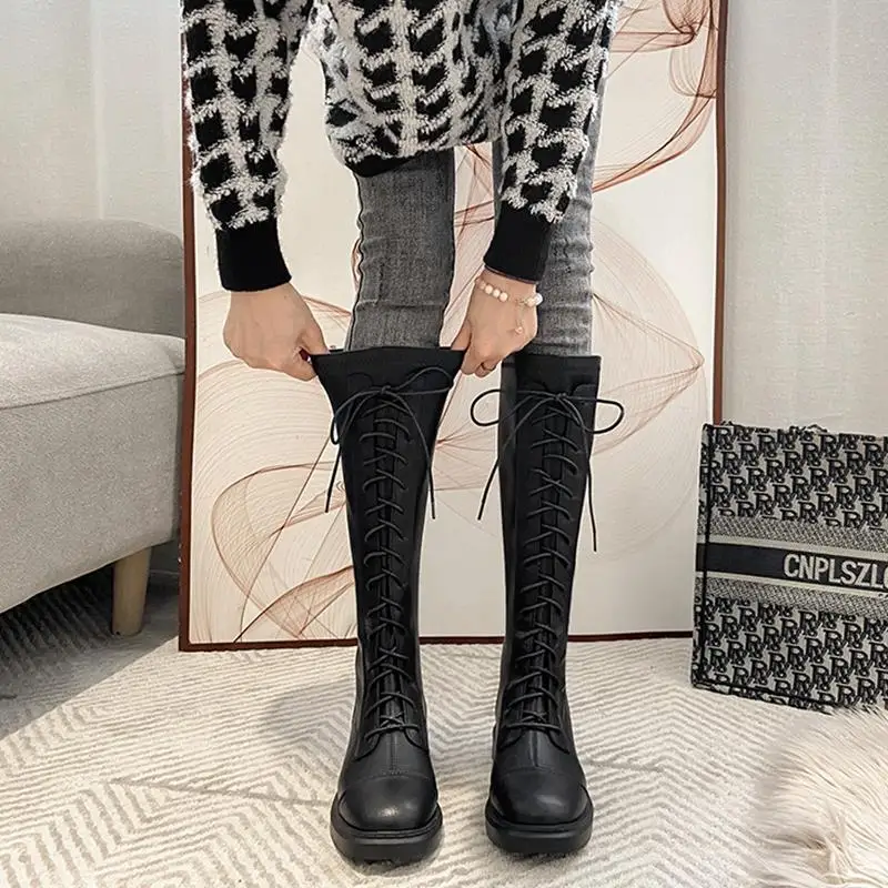 

Элегантные женские длинные сапоги на флисовой подкладке с круглым носком и низким каблуком. Горячая акция. Шикарные женские рабочие туфли Gyaru до колена.