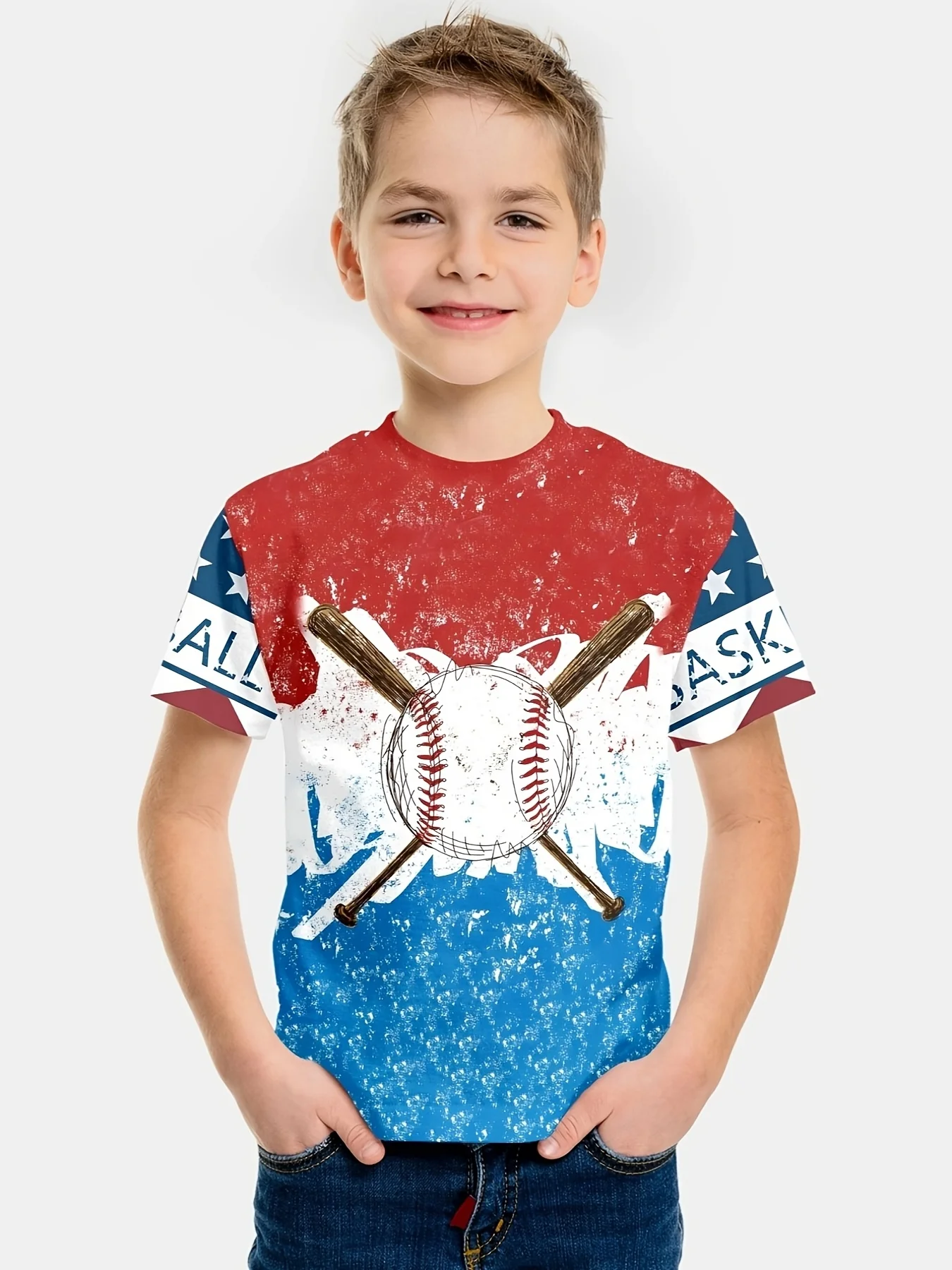 

Boys' 3D Printed Casual T-shirt - Soft Polyester Fiber, Short Sleeve, Round Neck - Outdoor Play in Spring and Summer