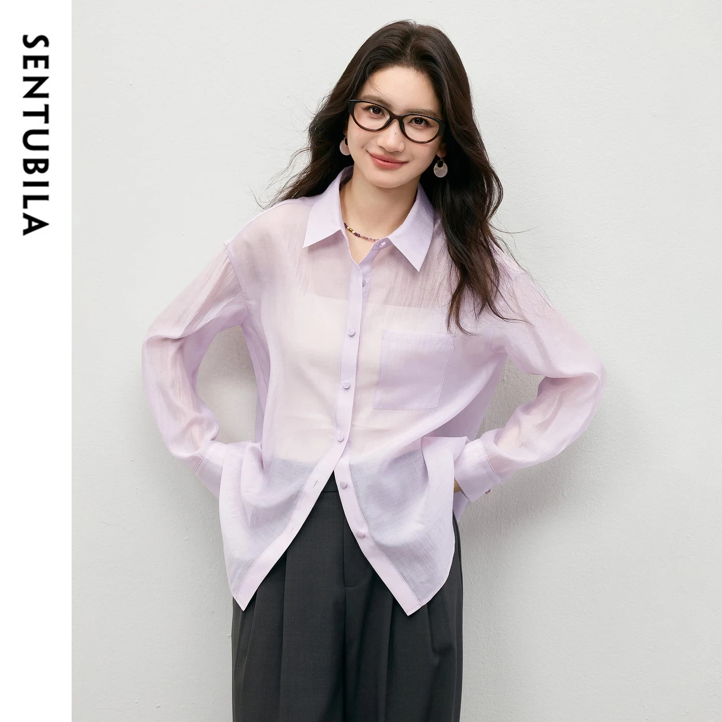 

SENTUBILA Women's Office Blouse 2026 Spring New Casual Lapel Collar Pearlescent Buttons Loose Fit Lightweight Shirt 161CA5825
