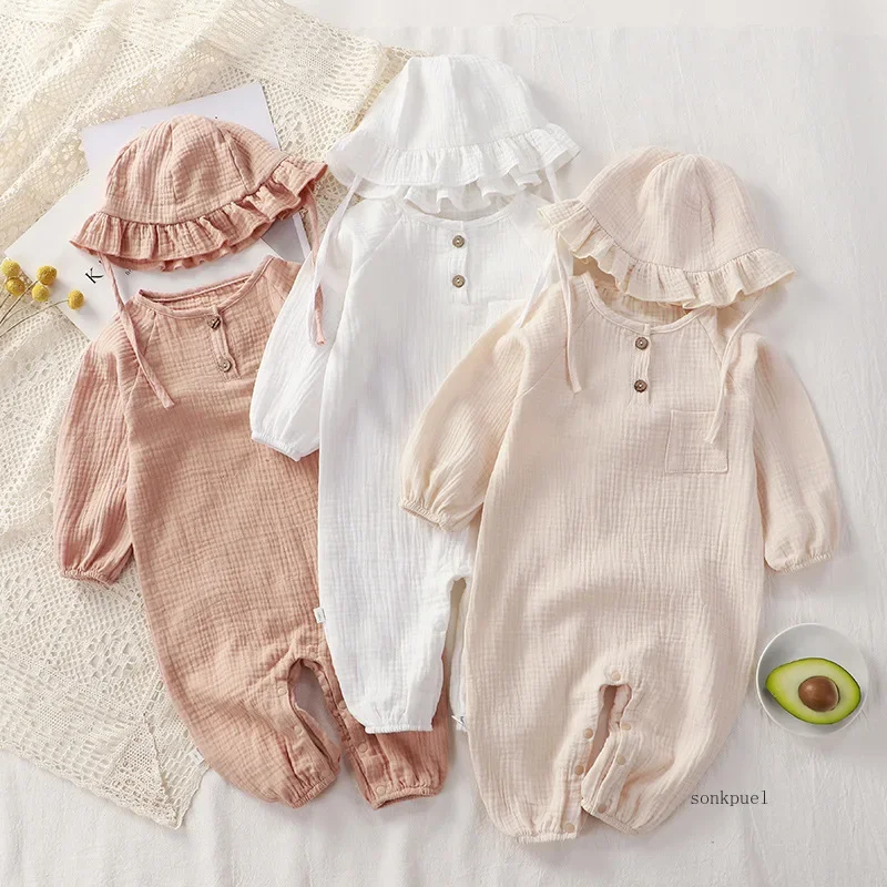 Muslin Baby Romper Hat 2Pcs Cotton Kids Jumpsuit Newborn Girl Boy Clothes Toddler Onesie Infant Ouitfit Set Baby Clothing