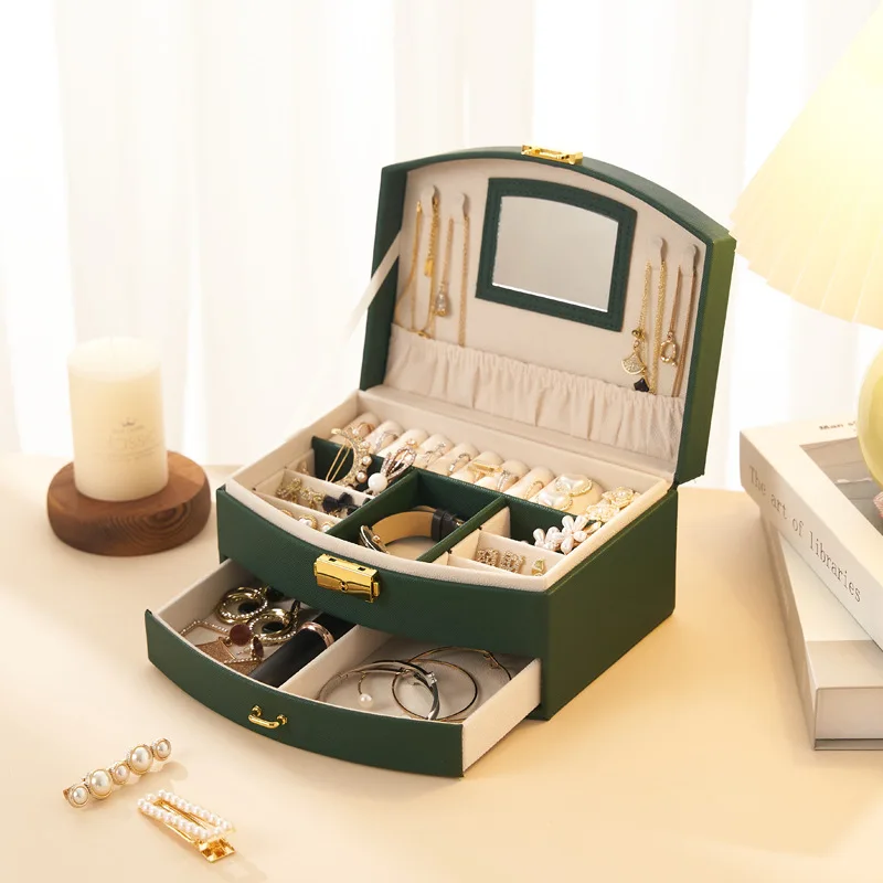 

Новая многослойная коробка для хранения ювелирных изделий с зеркалом, органайзер для сережек и ожерелья большой емкости