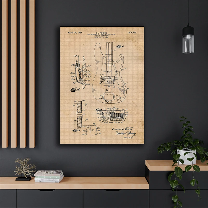 Vintage Electric Bass Guitars Patent Prints Wall Room Canvas Poster Aesthetics Art Decor Student Teacher Music Leo Fender Fan