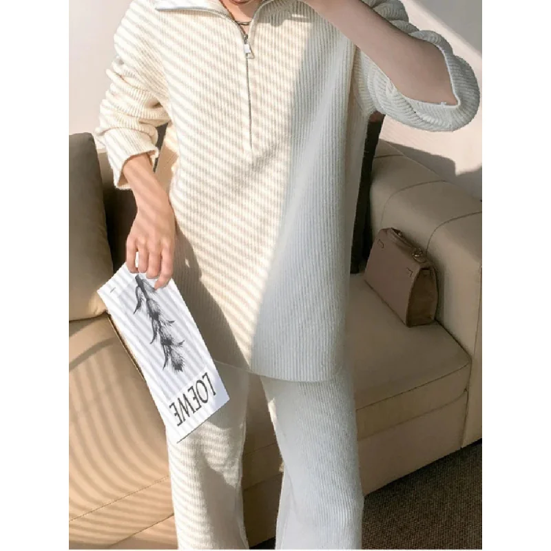 

Chic Casual Knitted Pant Sets Women Fashion High Collar Zipper Cardigan Straight-leg Pants Suits 2026 New Street Lady Daily Wear