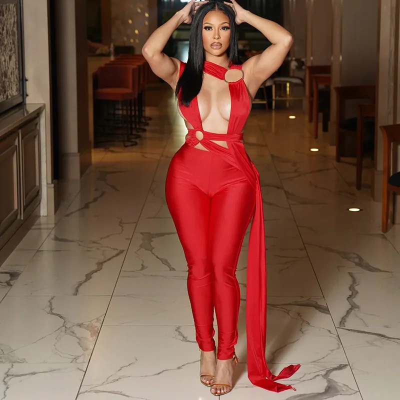

Europe and the United States new women's sexy ring hollow irregular strap sleeveless tight pants jumpsuit.
