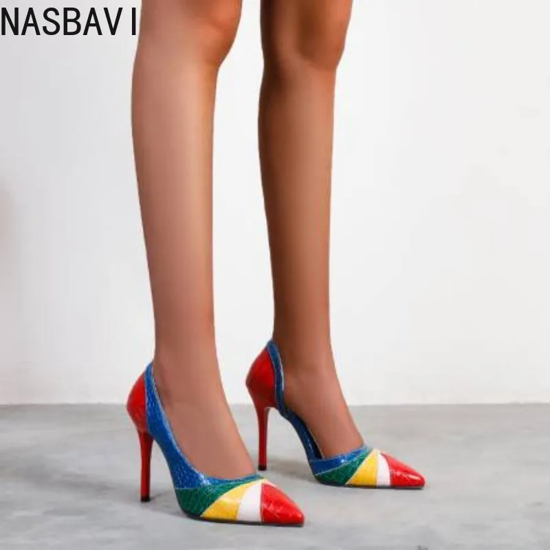 NASBAVI Pumps Spring 2025 New Style Fashion Versatile Comfortable Mixed Colors Hallow Sexy Pointed Toe Thin Heels Plus Size 48