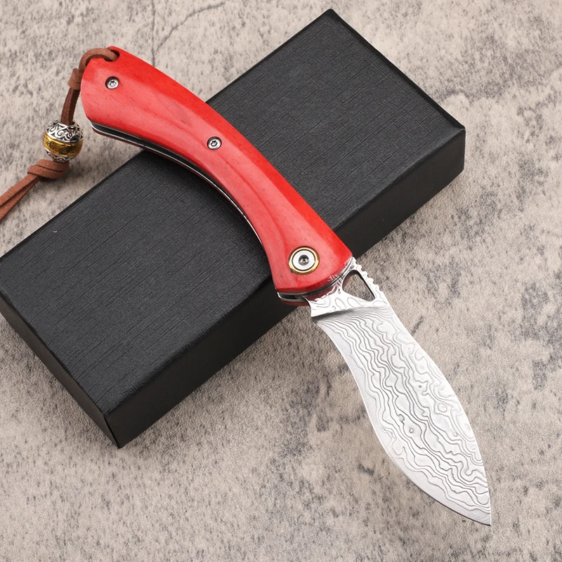 New Mini Damascus Steel Bull Bone Handle Outdoor Folding Portable Fruit Sharp Express EDC Knife