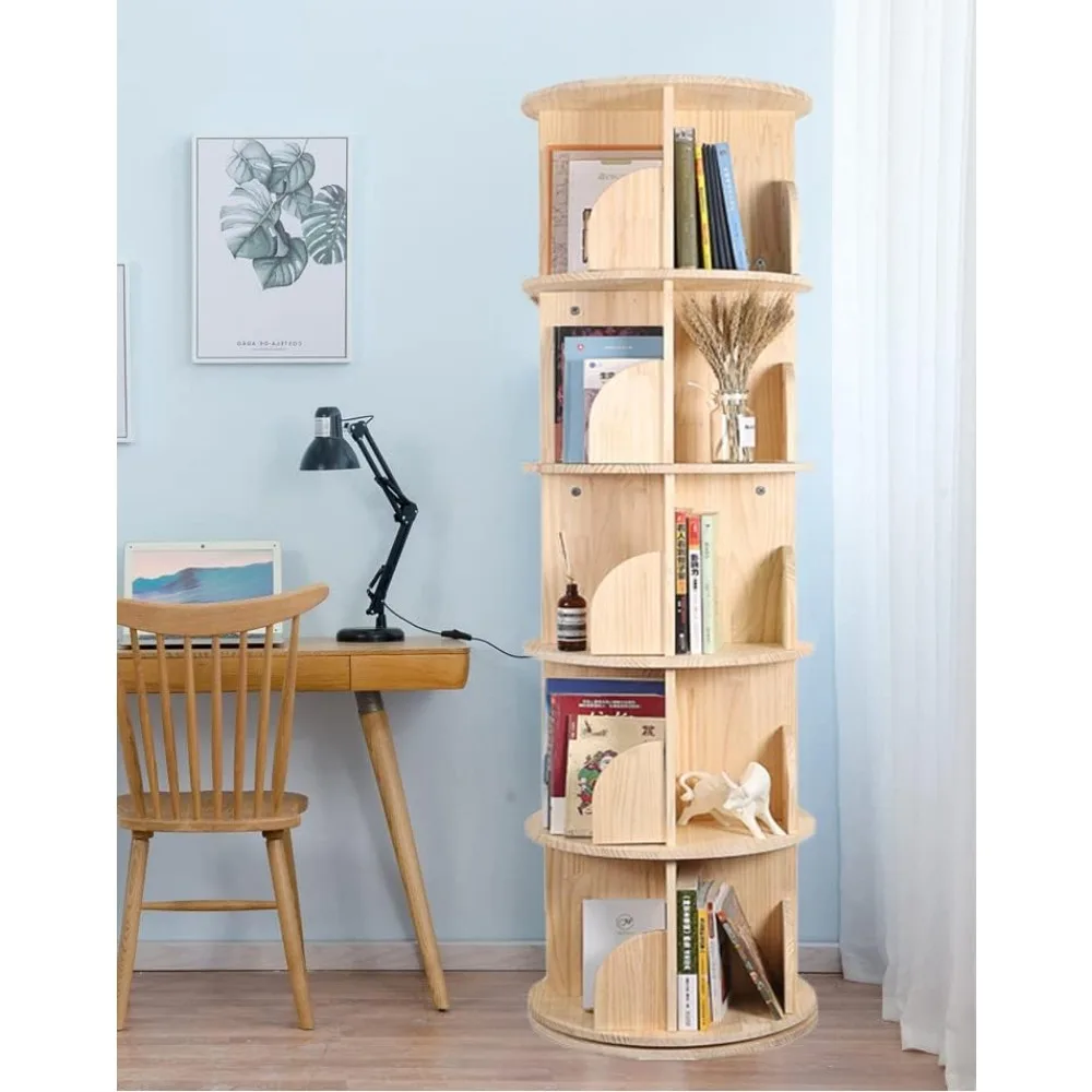 Rotating Bookshelf, 360 Display 5 Tier Floor Standing Bookcase Storage Rack for Kids&Adult, Wood Narrow Book Shelf Organizer