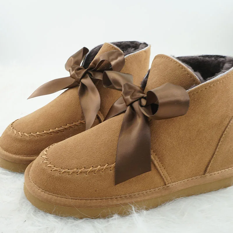

Genuine Leather Wool Bow Tie Women Sheep Wool Boots Genuine Leather Snow Boots Shoes Fur Boots Slip-on Flat Warm Winter Shoes