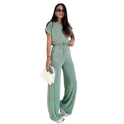 Summer New Solid Color O Neck Short Sleeve T Shirt Women's Suit Simple Lace-up High Waist Casual Sports Pants 2-piece Set Female