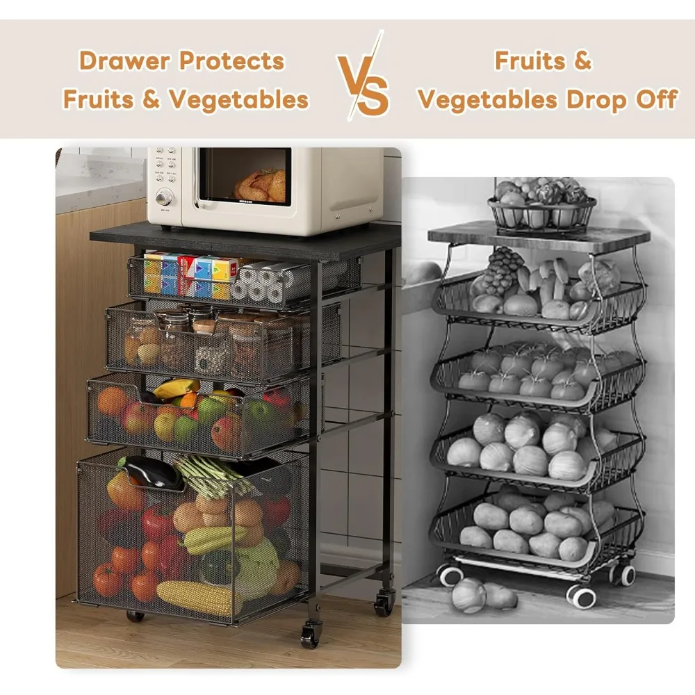 4-Tier Rolling Kitchen Microwave Cart - Kitchen Organizer and Storage Rack with Lockable Wheels, Metal Wire Fruit Utility Cart