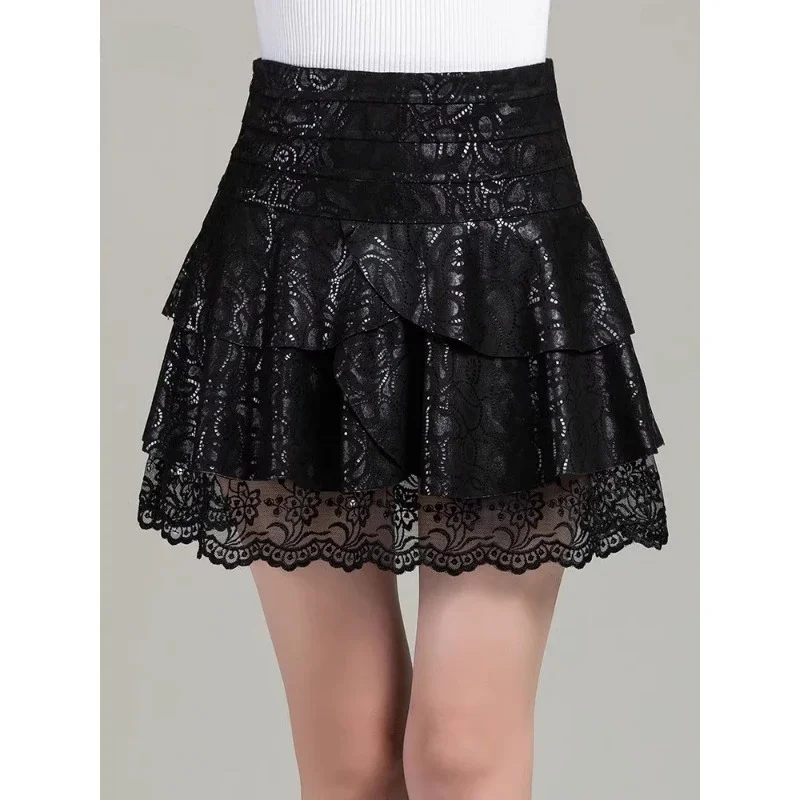 

2024 Autumn and Winter Black New Women's Sheepskin Lace A-word Fluffy Pleated Skirt Genuine Leather Short Skirt Dress