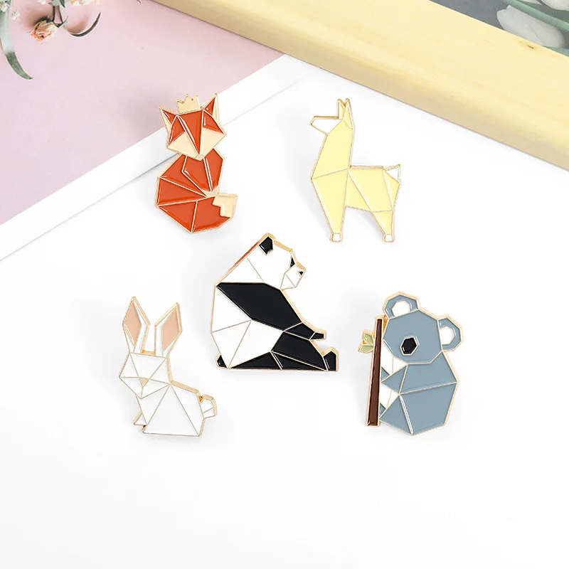 Origami Animal Enamel Pin Custom Fox Panda Koala Alpaca Rabbit Brooch Bag Clothes Lapel Pin Badge Cartoon Jewelry for Kid Friend